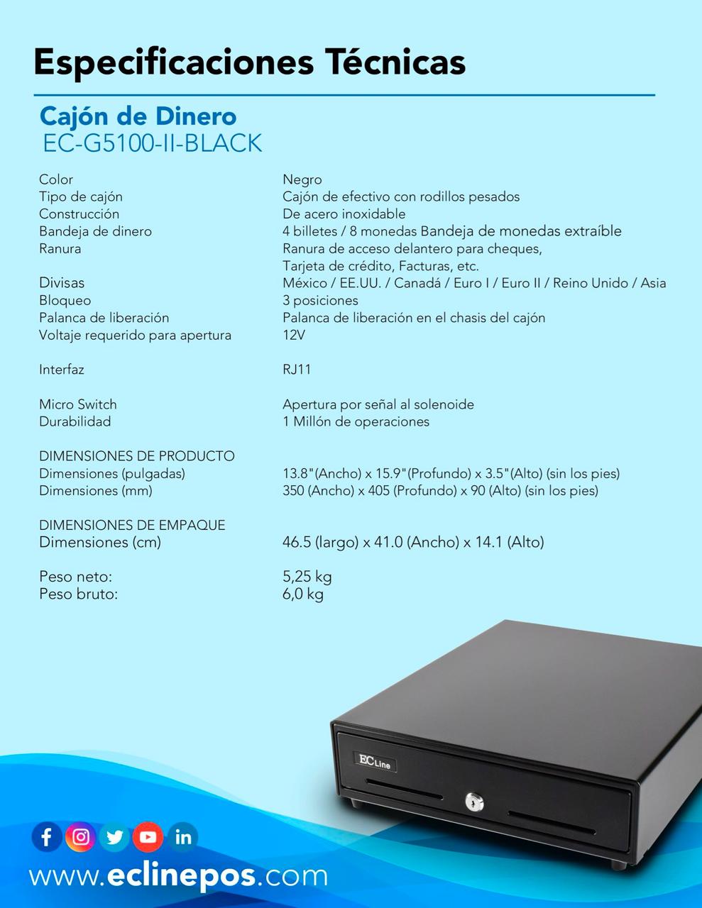 CAJON DE DINERO EC LINE G5100-II NEGRO 4 BILLETES 8 MONEDAS