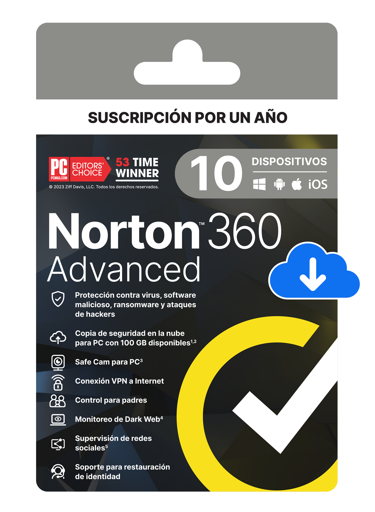 NORTON 360 ADVANCED PWM NO INSURANCE FOR MX 100GB LA 10 DEVICE RET 12MO KOD ESD N/S
