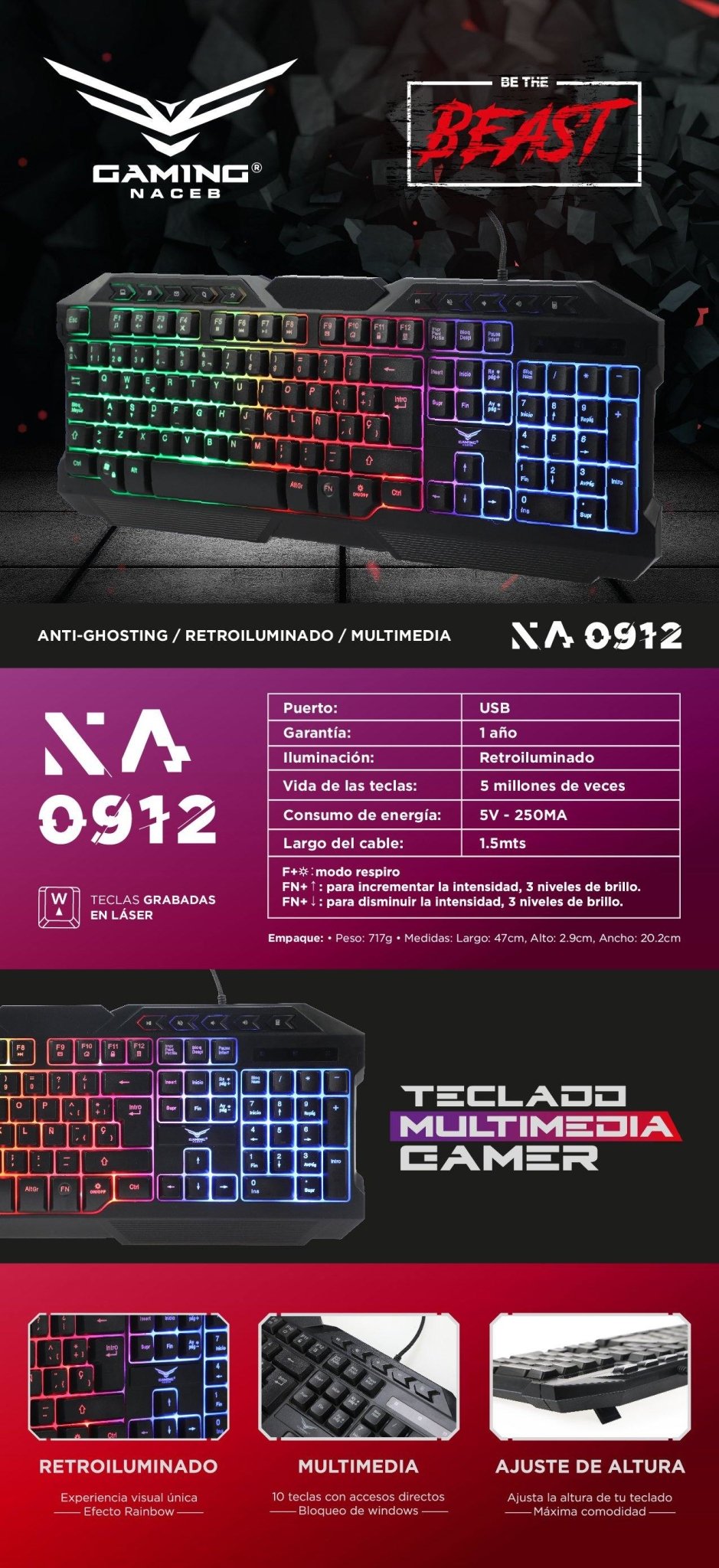 Bundle de TECLADO GAMER RETROILUMINADO NACEB MULTIMEDIA ANTI-GHOSTING ESP - NOORHS Latinoamérica, S.A. de C.V.