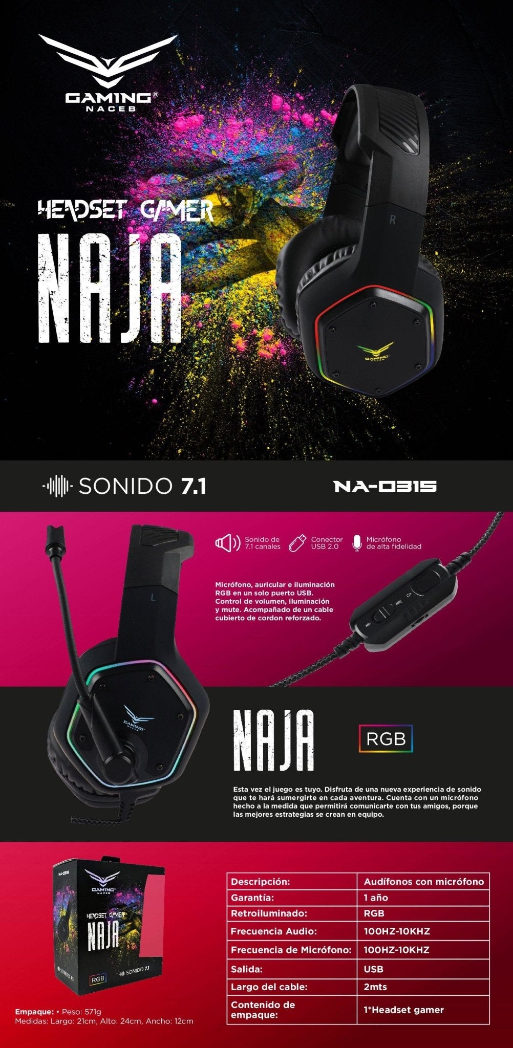 DIADEMA GAMER NAJA 7,1 CANALES CON RGB PLUG PLAY C/MICROFONO na-0315 - NOORHS Latinoamérica, S.A. de C.V.