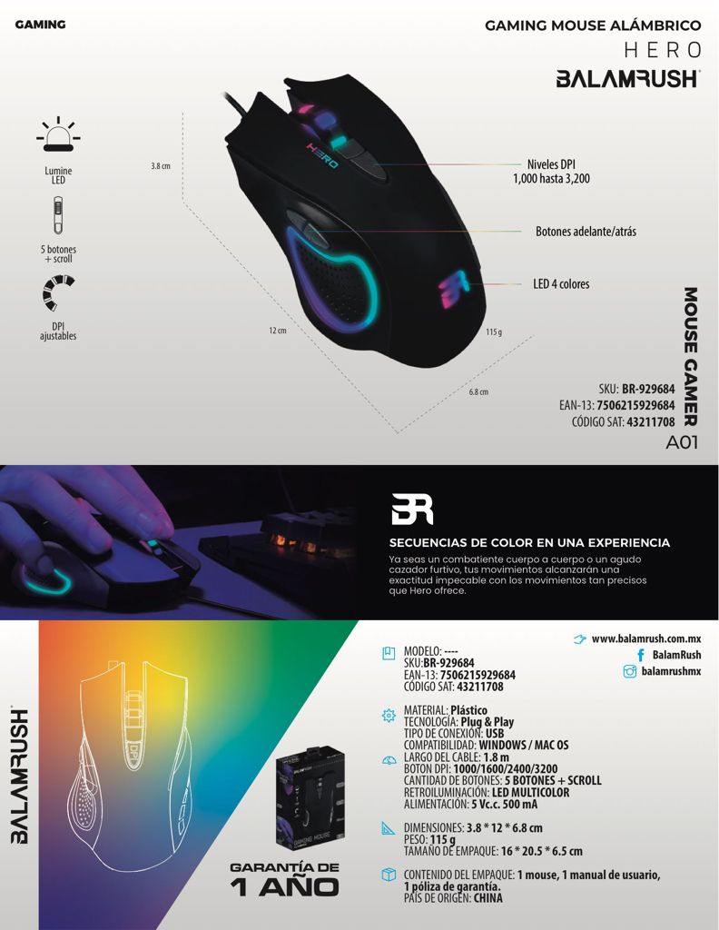 MOUSE GAMER BALAM RUSH HERO USB 1000-3200 DPI LED MULTICOLOR 5 BOT NEGRO Menos - NOORHS Latinoamérica, S.A. de C.V.