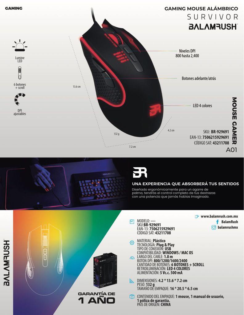 MOUSE GAMER BALAM RUSH SURVIVOR USB 800-2400 DPI LED 4 COLOR 6 BOT NEGRO - NOORHS Latinoamérica