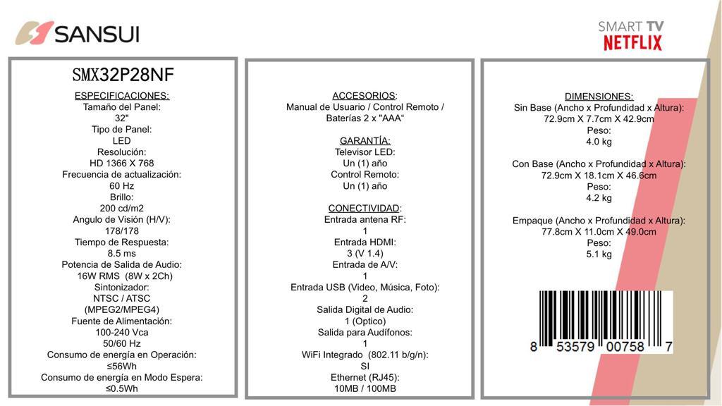 Smart Tv Sansui Smx32p28nf Dled Hd 32 - NOORHS Latinoamérica, S.A. de C.V.