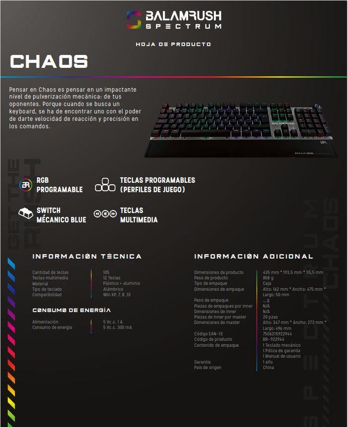 TECLADO GAMER MECANICO BALAM RUSH SPECTRUM CHAOS SWITCH AZUL USB ACTECK - NOORHS Latinoamérica