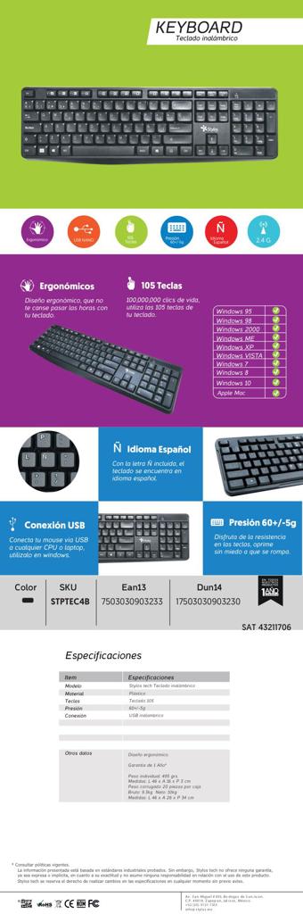 Xzeal Gaming Teclado Stylos - Inalámbrico Conectividad - Español - Negro - RF - 105 Tecla - Windows, PC Menos - NOORHS Latinoamérica, S.A. de C.V.