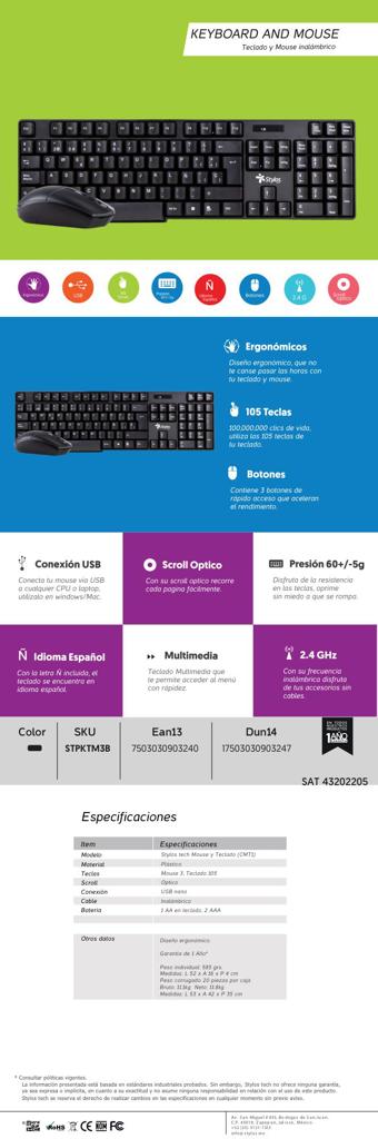 Xzeal Gaming Teclado y ratón Stylos CMT1 - USB Inalámbrico RF 2.40GHz Teclado - 105 Tecla - Español - Negro - USB Inalámbrico RF Mouse - Óptico - 3 Botón - Negro - AAA, AA - 1 Paquete(s) - NOORHS Latinoamérica, S.A. de C.V.