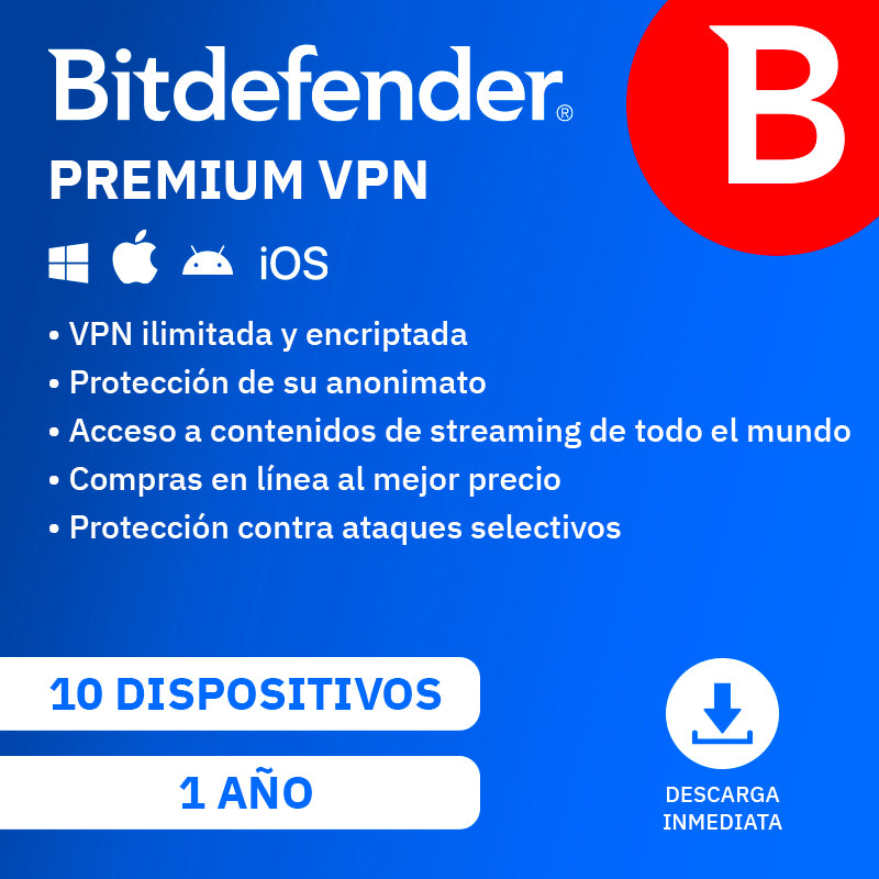 BITDEFENDER PREMIUM VPN 1 AÑO 10 USUARIOS