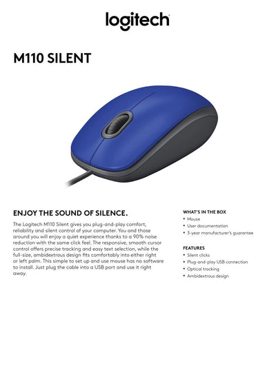 Logitech Mouse M110 Silent Blue con cable