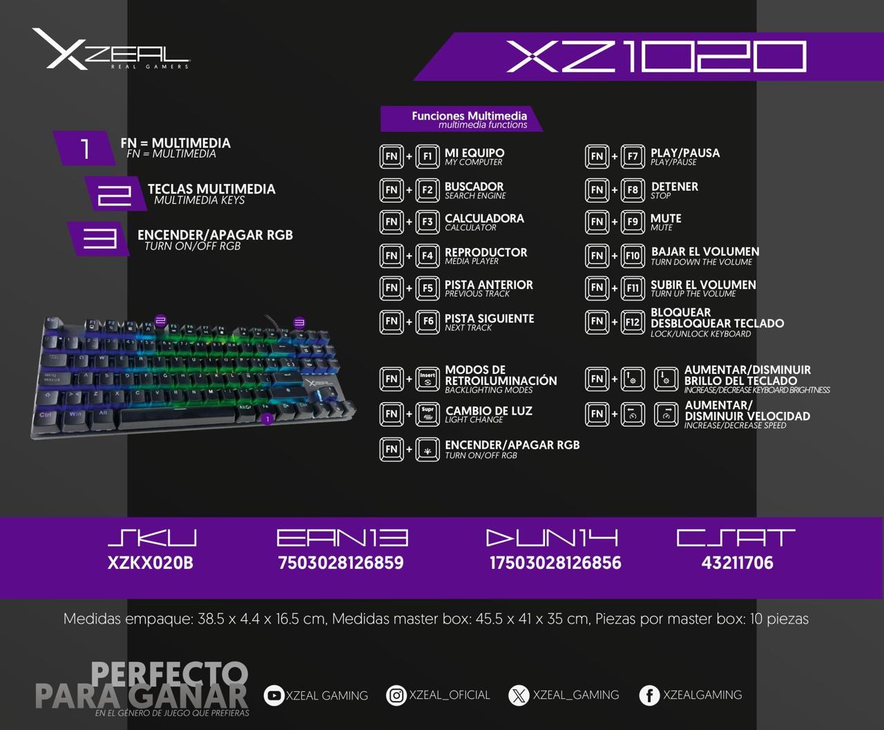 TECLADO MECANICO GAMER XZEAL XZ1020/SWITCH RED/RGB/NEGRO