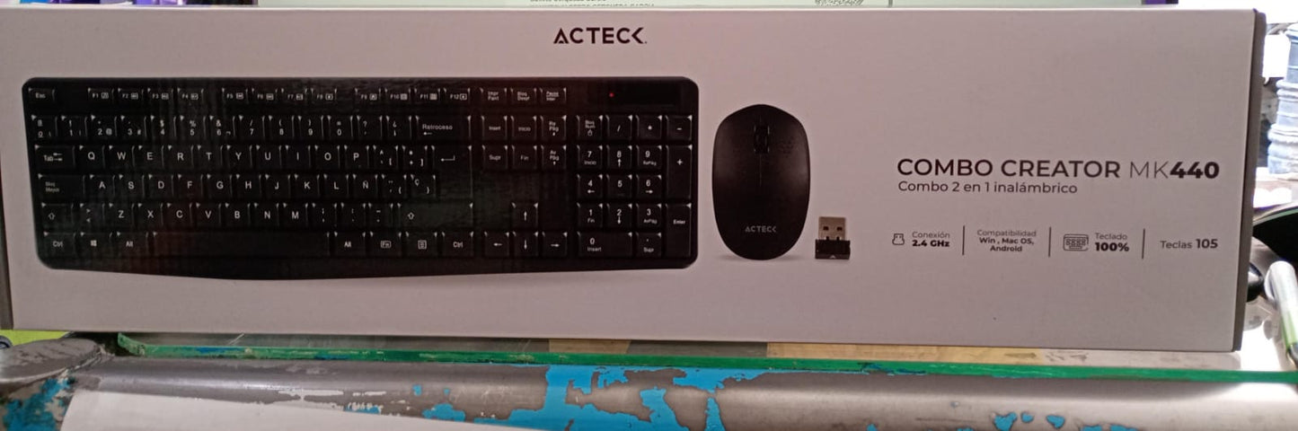 Kit Acteck 2 en 1 Inalámbrico Creator MK440 Teclado Multimedia + Mouse Ergonómico  2.4 MHz / 1000 DPI / Teclado Clásico + Mouse Ergonómico / 2xBat AAA + 1xBat AA Incluidas / Advanced Negro