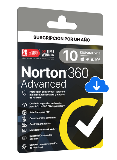 NORTON 360 ADVANCED PWM NO INSURANCE FOR MX 100GB LA 10 DEVICE RET 12MO KOD ESD N/S