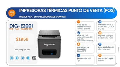 IMPRESORA TERMICA DIG-E200I (USB+LAN+BT)DIG-E200I-USB-LAN-BT