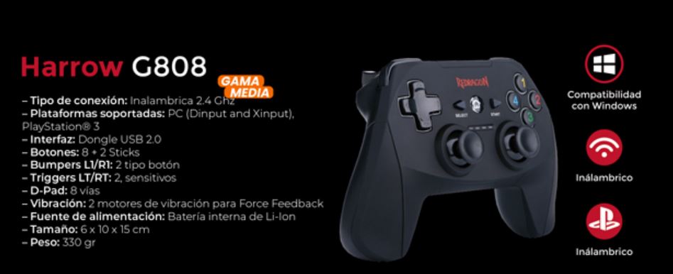 GAMEPAD HARROW: PC/PS3 + INALAMBRICO 2.4 GHZ + VIBRACION + BATERIA 600mAh G808