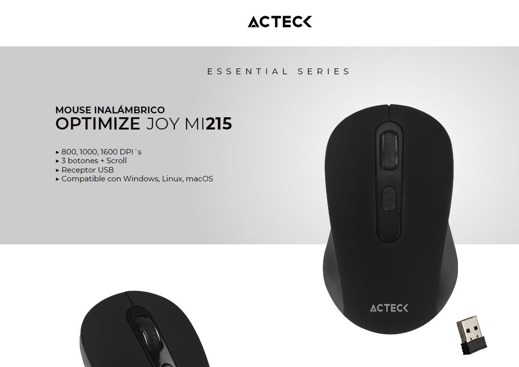 Mouse Acteck Inalámbrico Optimize Joy MI215  2.4 GHz /Hasta 1600 DPI 3 Botones  Ergonómico / 1xBat AA Incluida / Essential Negro