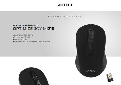 Mouse Acteck Inalámbrico Optimize Joy MI215  2.4 GHz /Hasta 1600 DPI 3 Botones  Ergonómico / 1xBat AA Incluida / Essential Negro
