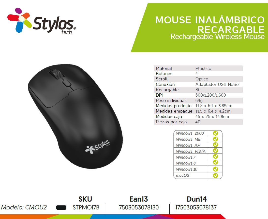 MOUSE INALAMBRICO RECARGABLE STYLOS / 1600 DPI / CONEXIÓN NANO 2.4 GHZ / NEGRO