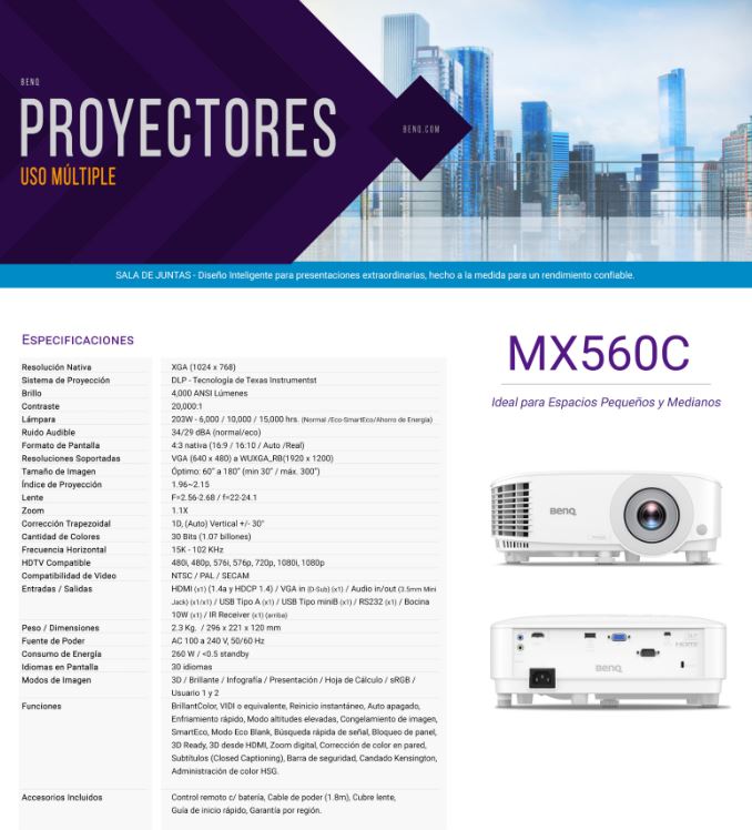 Proyector BenQ MX560C DLP 4000Lum XGA 1024X768 HDMI/VGA/USB/Bocina 10W