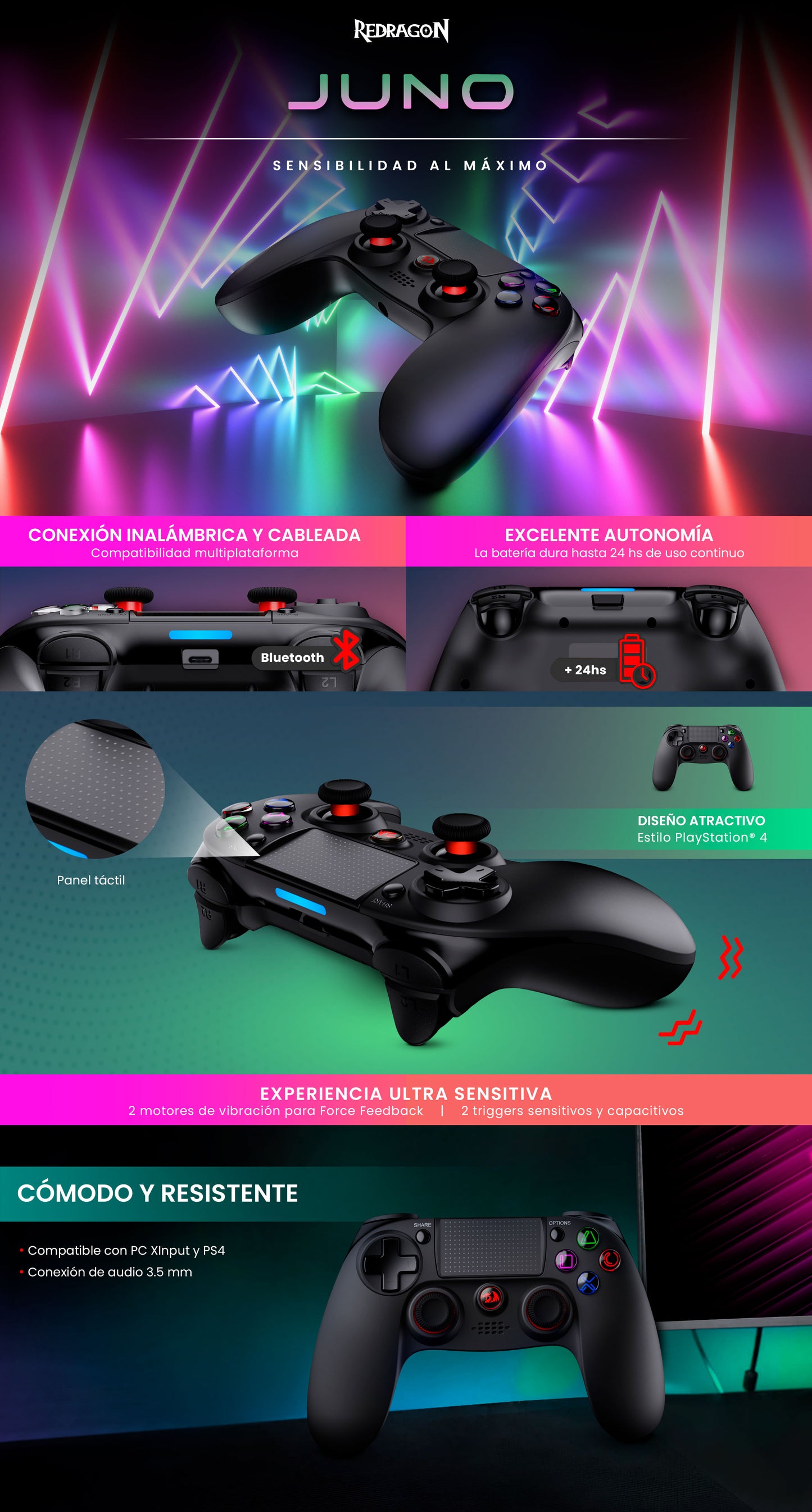 GAMEPAD REDRAGON WIRELESS BLUETOOTH  PC/PS3/PS4  JUNO G818