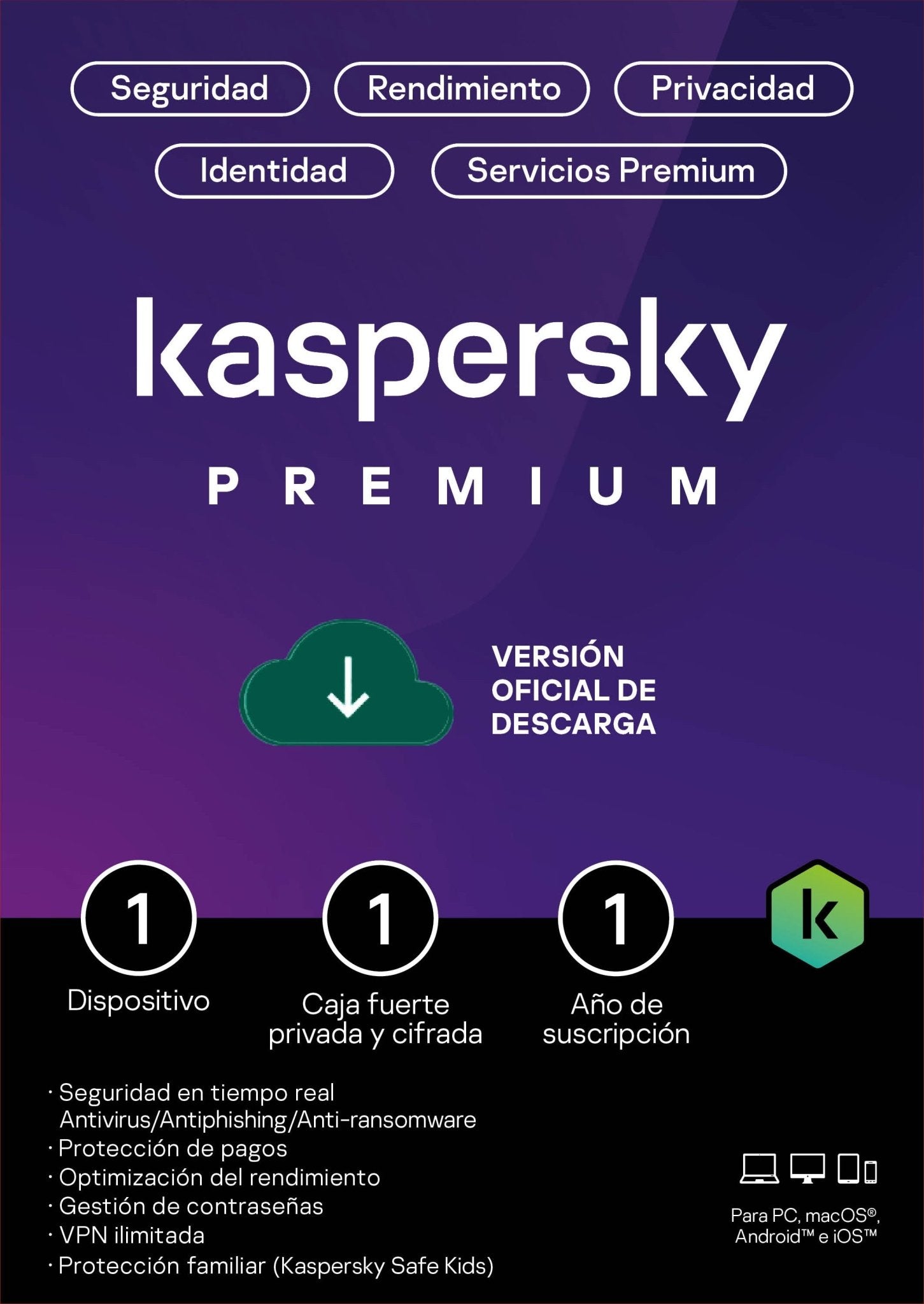 Kaspersky PREMIUM + CUSTOMER SUPPORT (Total Security, Security Cloud) / 1 Dispositivo / 1 Cuenta KPM / 1 año / Base - NOORHS Latinoamérica, S.A. de C.V.