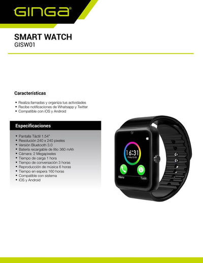 Smar Watch GINGA GISW01, Negro, Android,iOS, Si, 32 MB, 380 mAh - NOORHS Latinoamérica, S.A. de C.V.